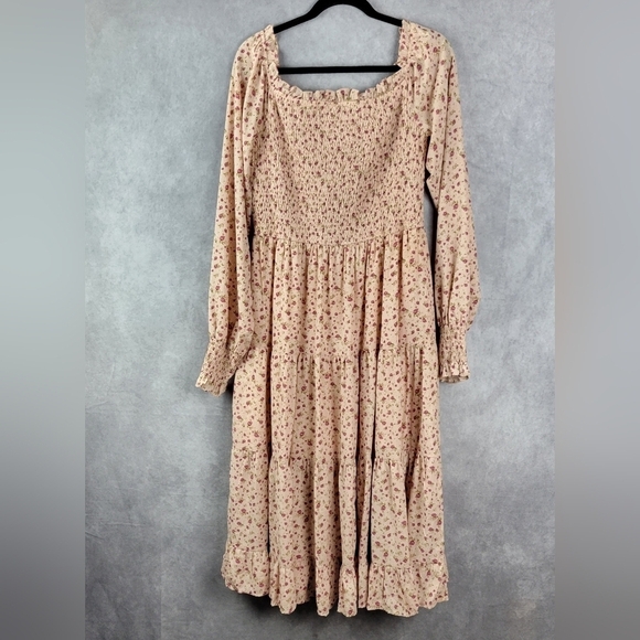 Aura size L Floral Midi  dress smocked fit & flare long sleeve Romantic Fluence - Picture 1 of 12
